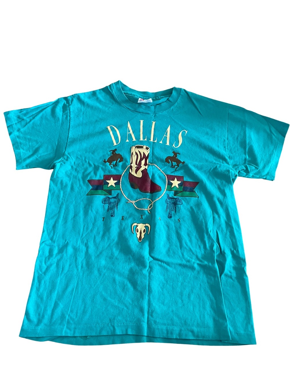 Vintage Hanes Cotton Turquoise Dallas Texas Cowgirl Western Graphic Tee Graphic